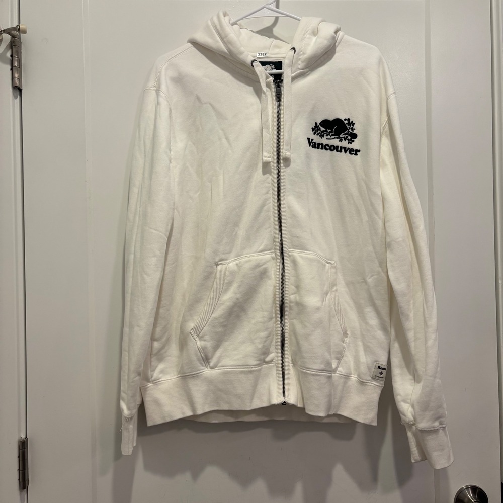Roots Vancouver Zip Up Hoodie White Fleece Canadian Flag Logo Womens Large